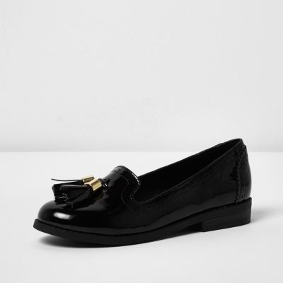 Girls black patent tassel brogue loafers